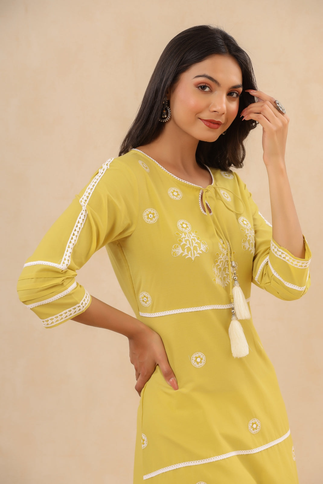 Women`s Mustard Cambric Embroidered A-Line Kurta