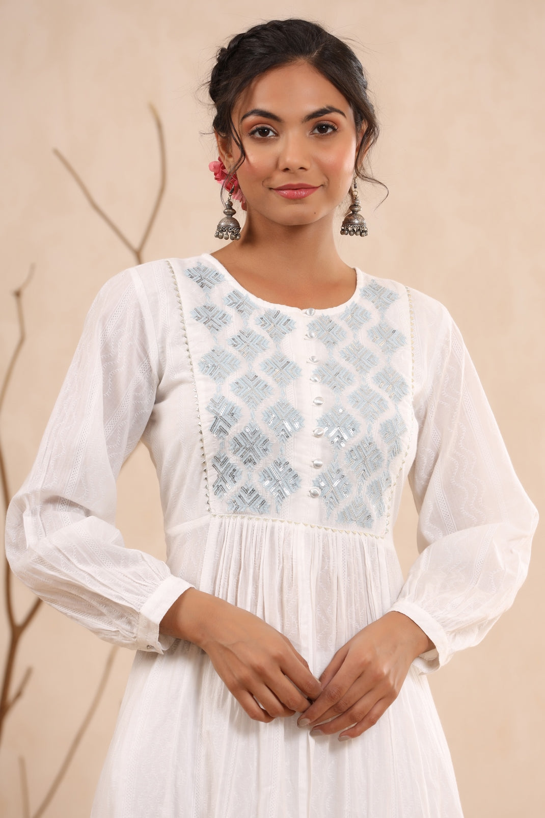 Women`s White Cotton Dobby Embroidered Tiered Kurta