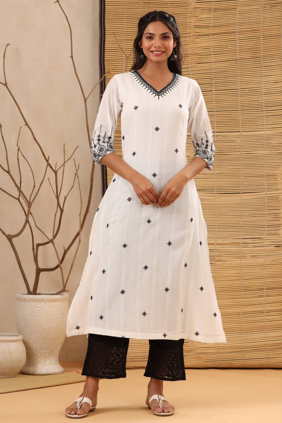 Women`s White Cotton Dobby Embroidered Straight Kurta