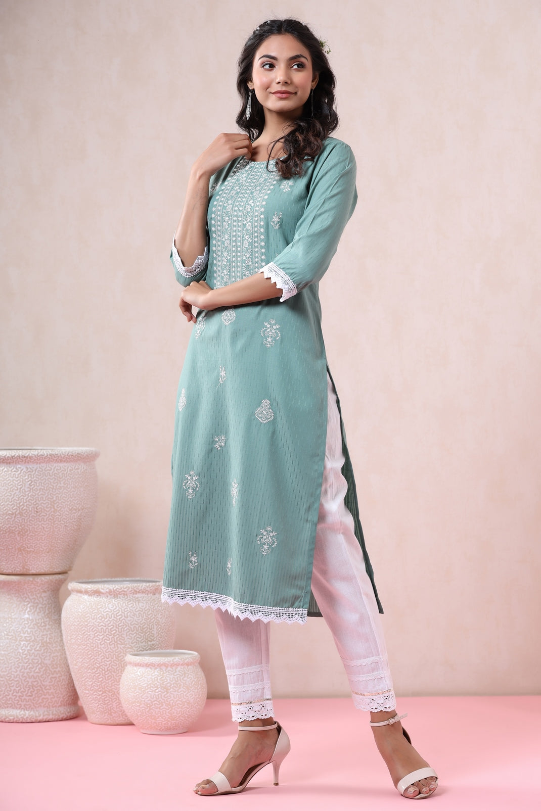 Women`s Sagegreen Poly Blend Solid Straight Kurta