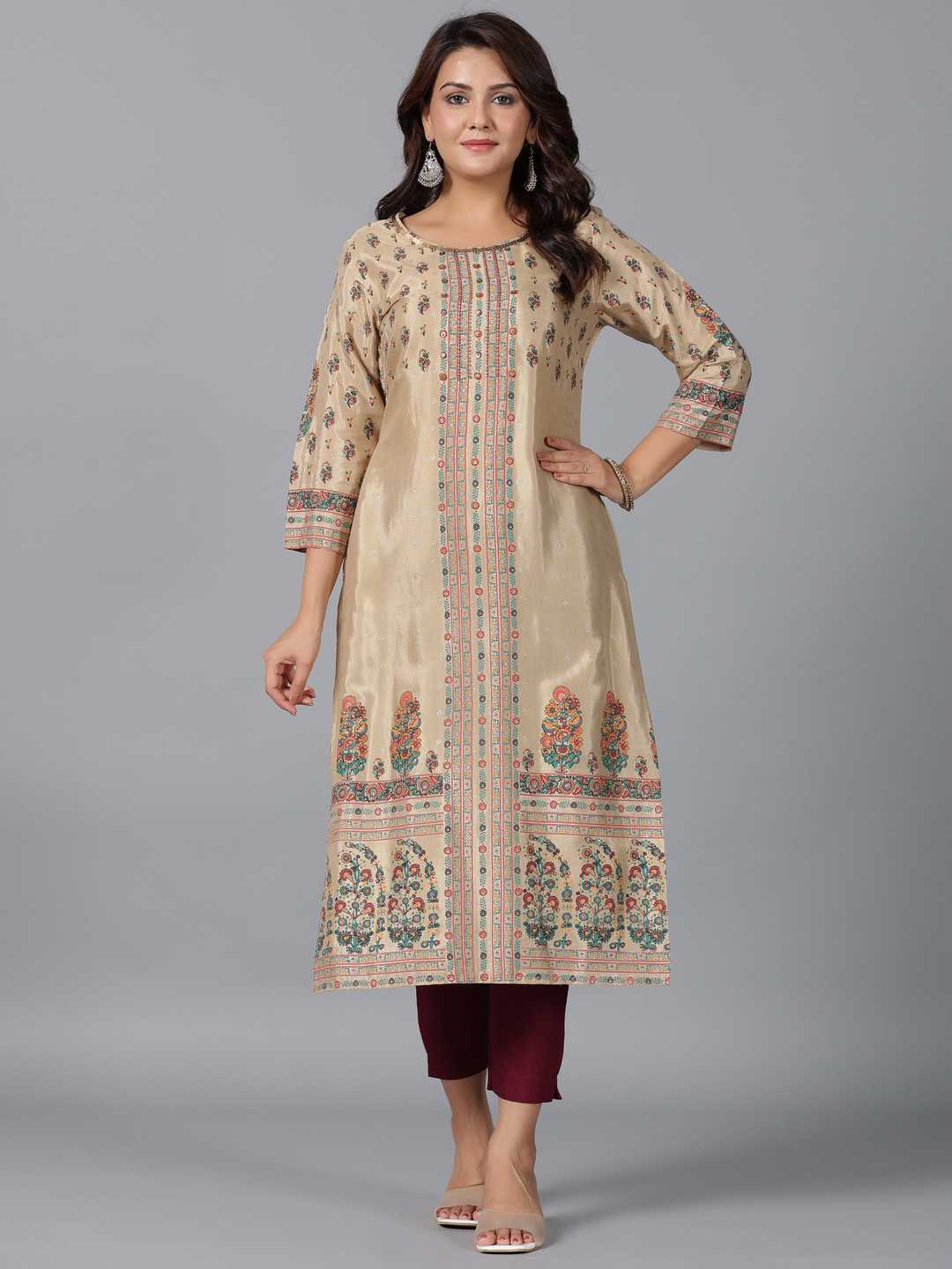 Beige Shantoon Printed Straight Kurta