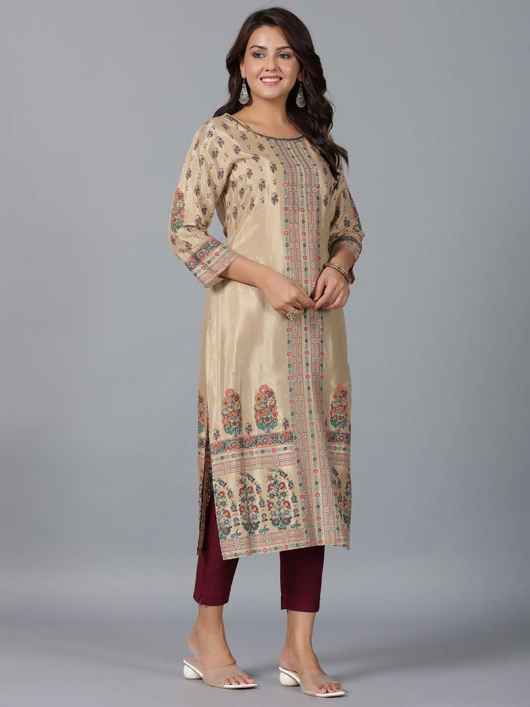 Beige Shantoon Printed Straight Kurta
