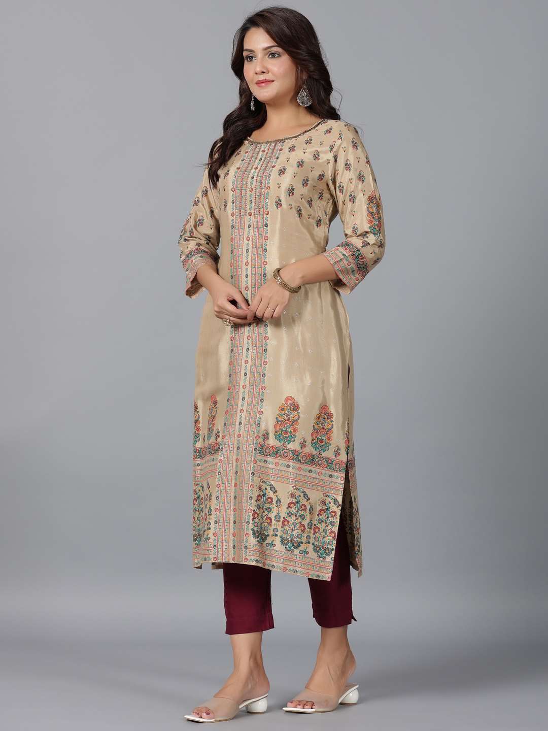Beige Shantoon Printed Straight Kurta