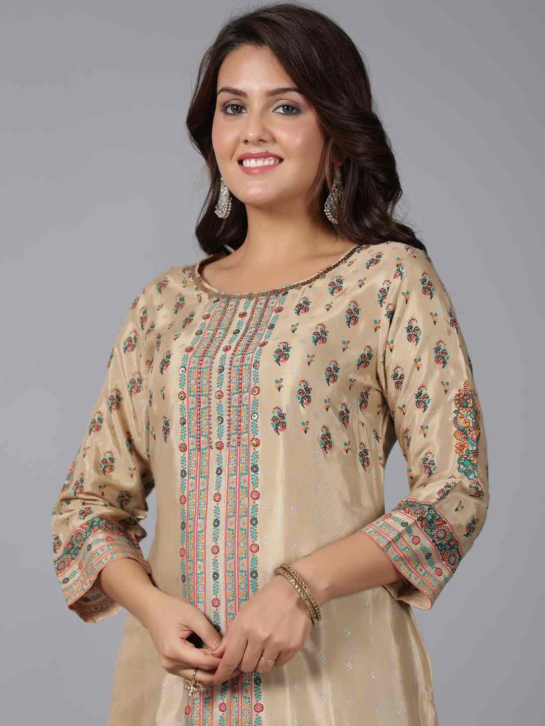 Beige Shantoon Printed Straight Kurta