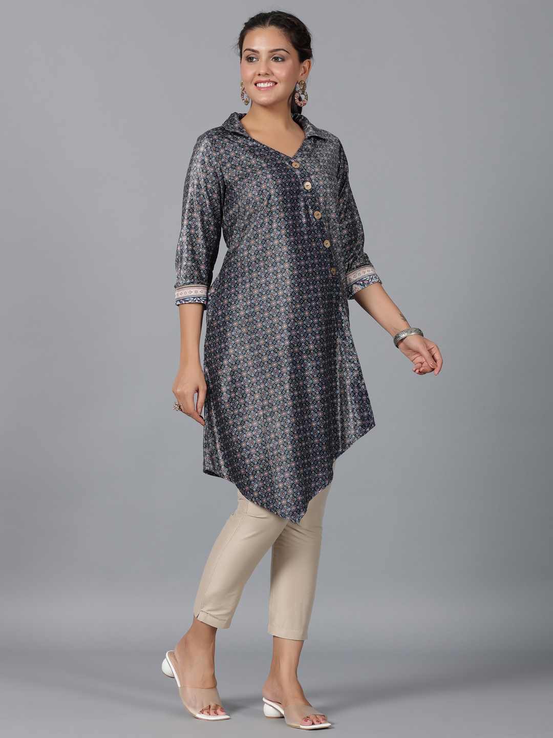 Green Velvet Printed Asymmetric Kurta