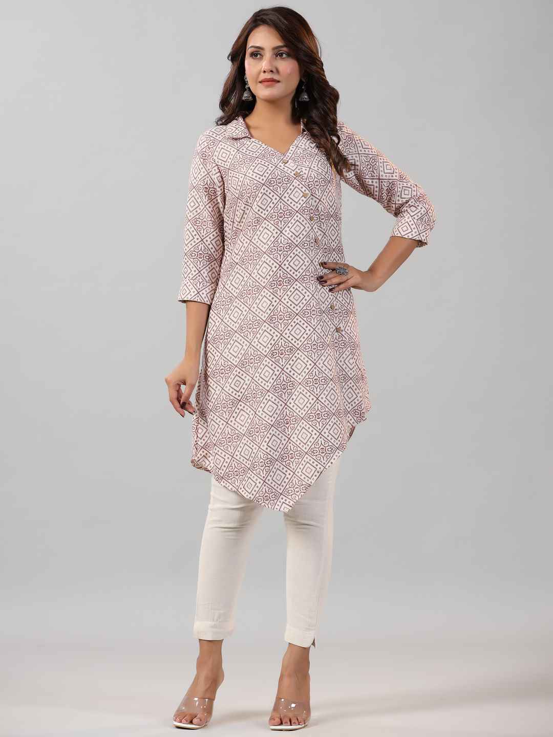 Off-White 2 Tone Printed Asymmetric Kurta