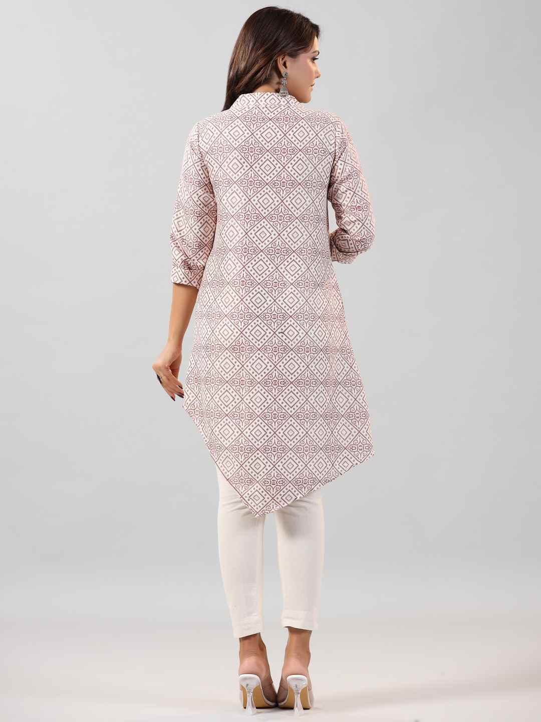 Off-White 2 Tone Printed Asymmetric Kurta