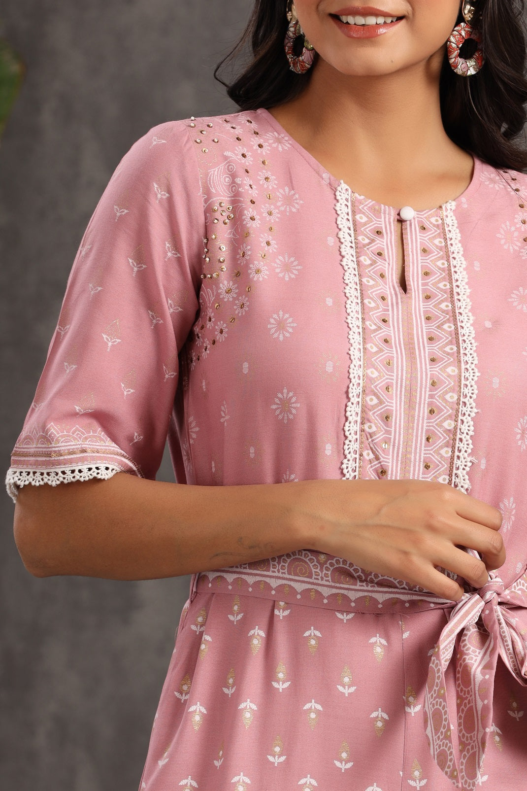 Onionpink Rayon Printed Ethnic Jumpsuit with Belt