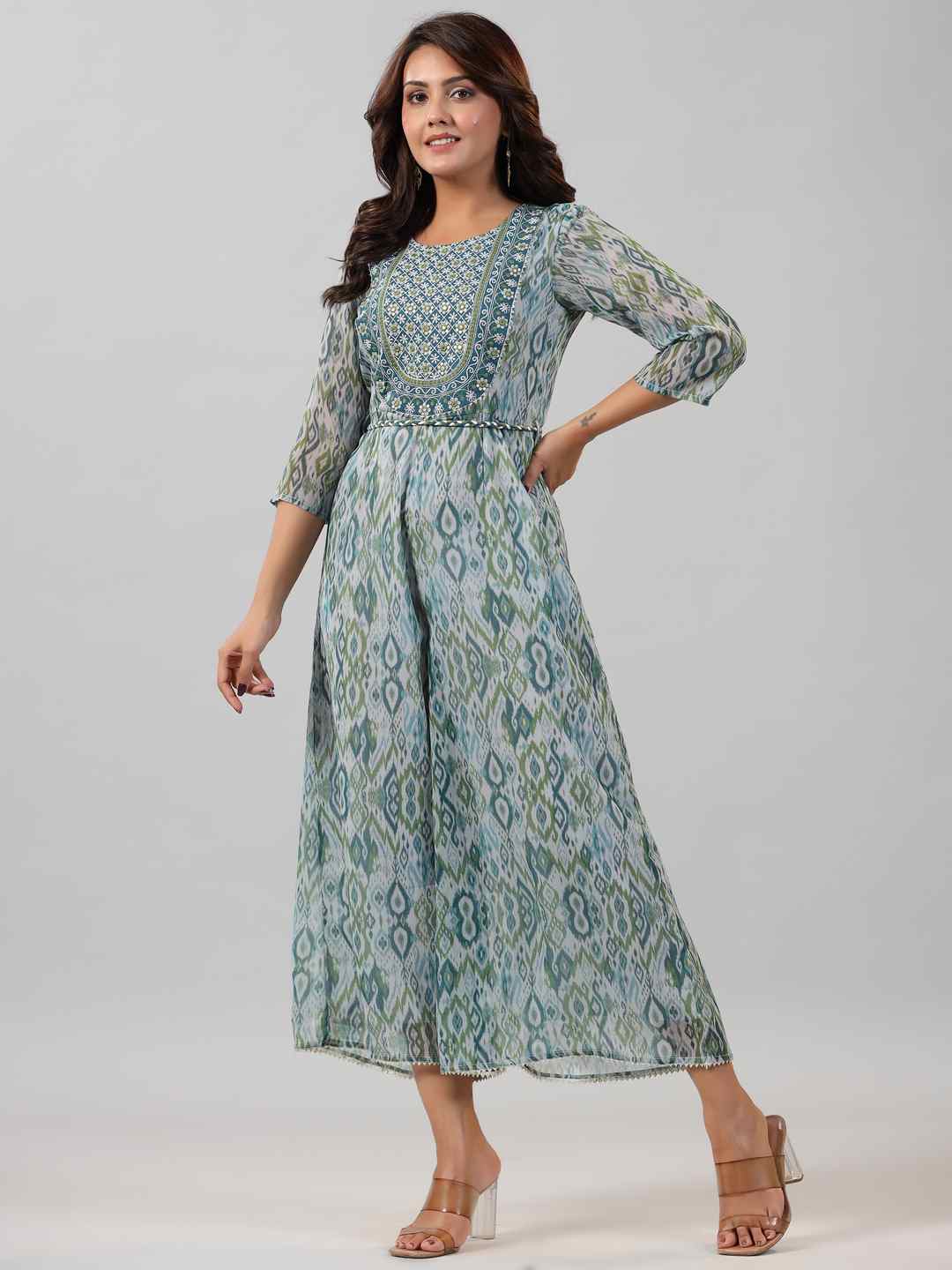 Green Chiffon Printed With Embroidery Jumpsuit
