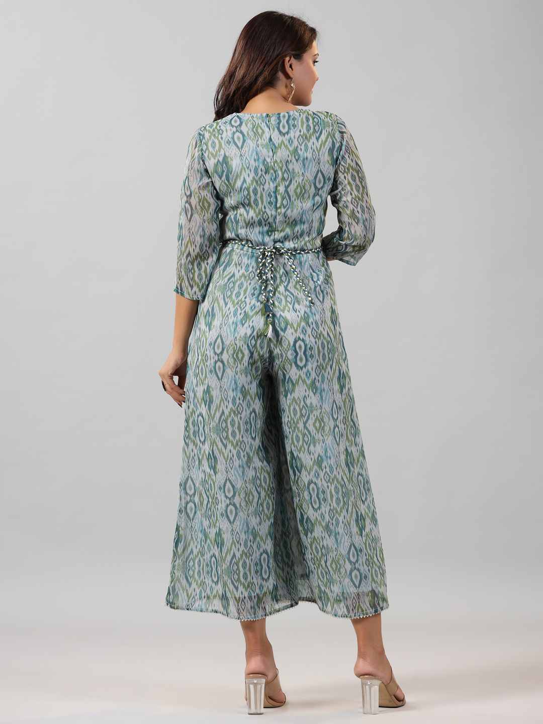 Green Chiffon Printed With Embroidery Jumpsuit