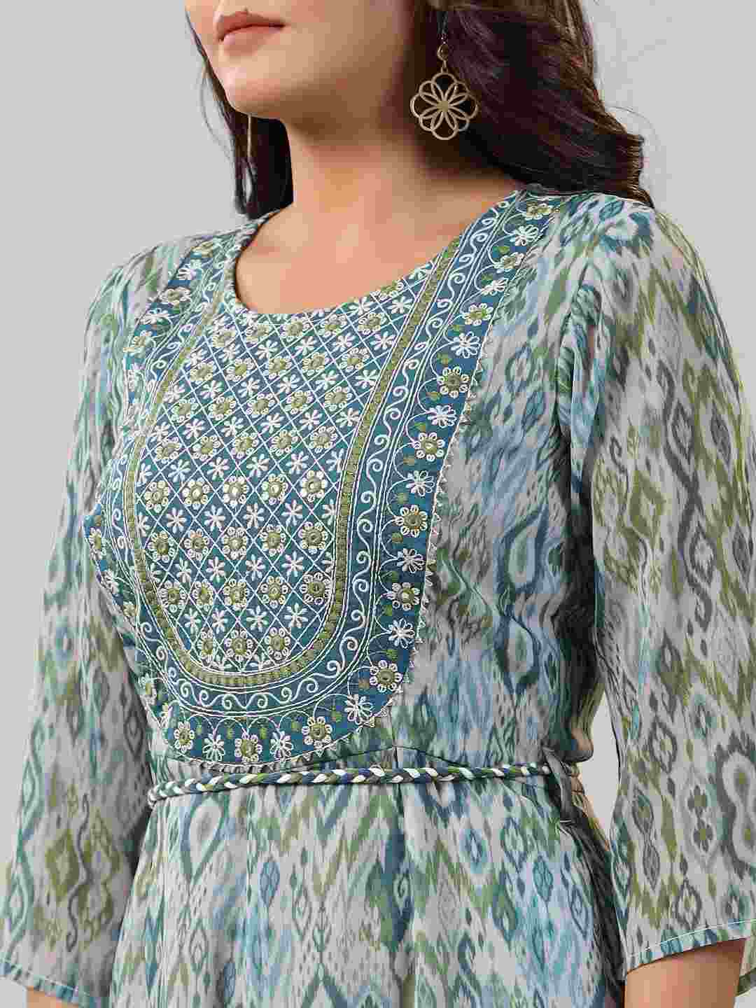 Green Chiffon Printed With Embroidery Jumpsuit