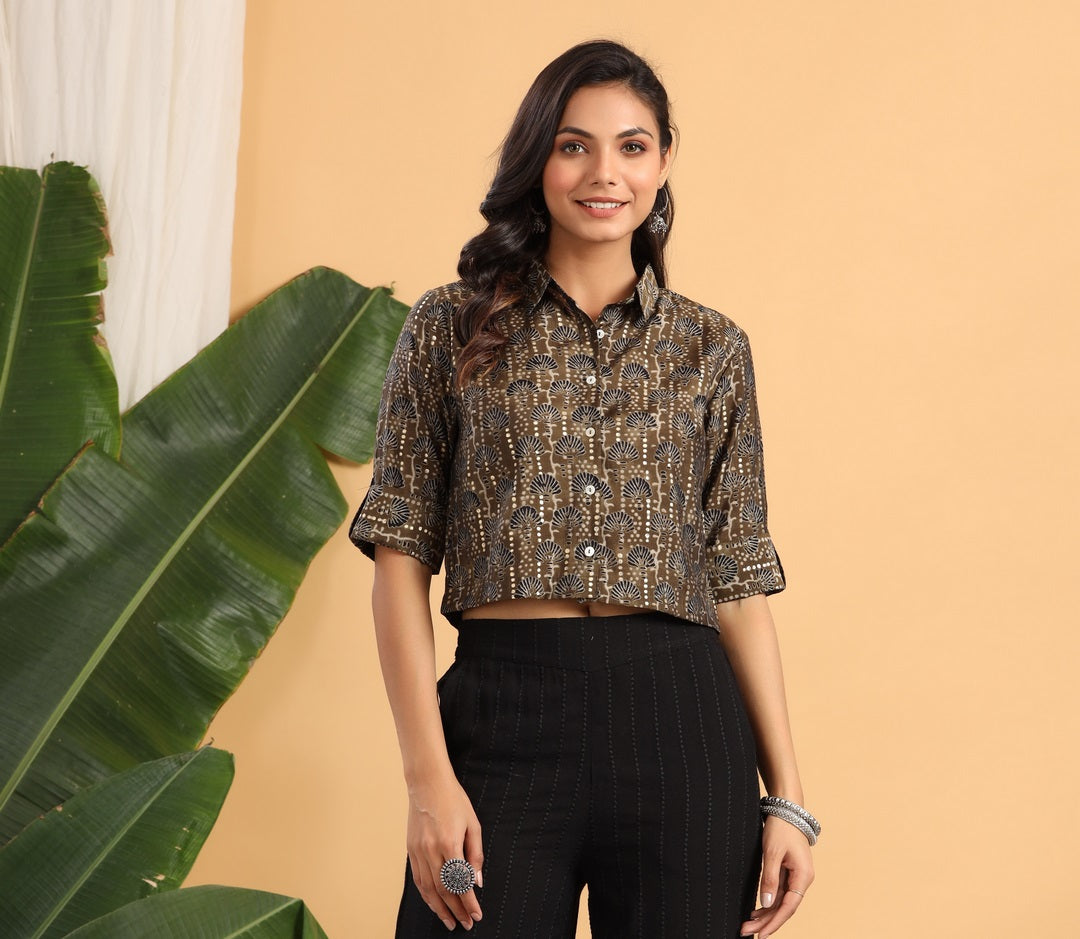 Women`s Olive Chanderi Silk Printed Fitted Blouse