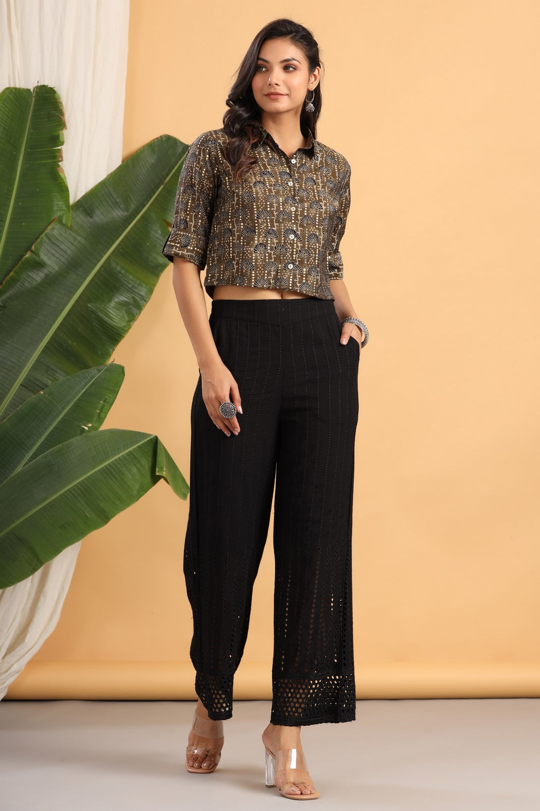 Women`s Olive Chanderi Silk Printed Fitted Blouse
