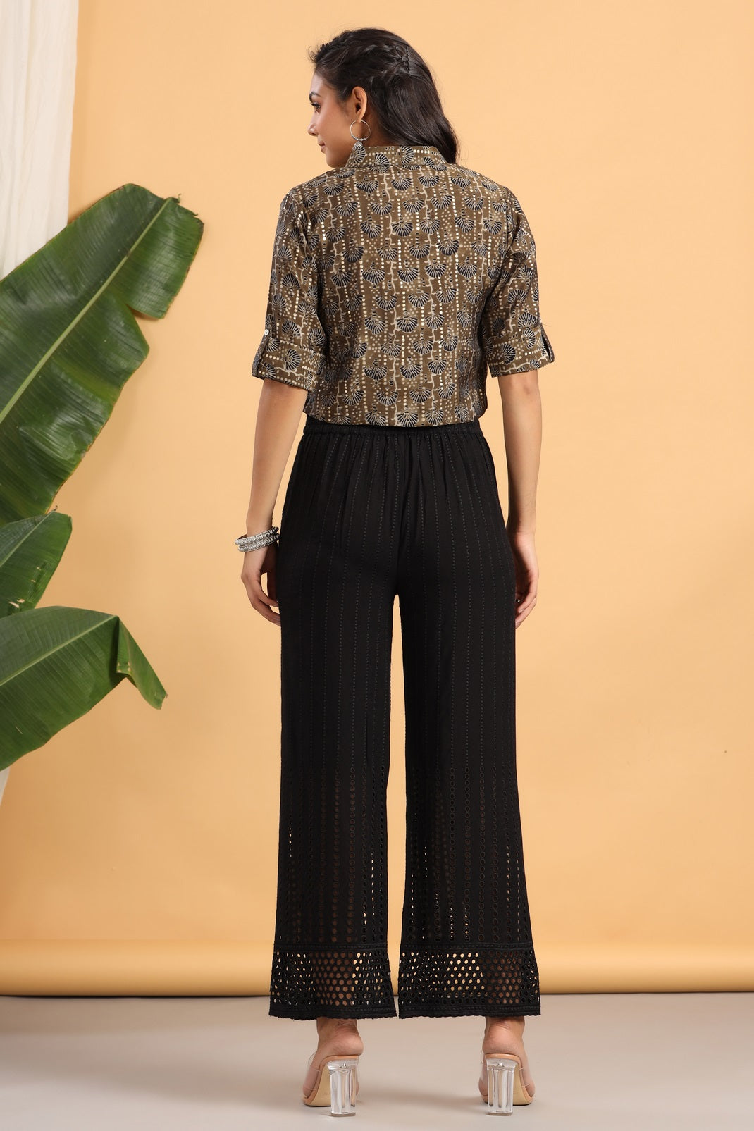 Women`s Olive Chanderi Silk Printed Fitted Blouse