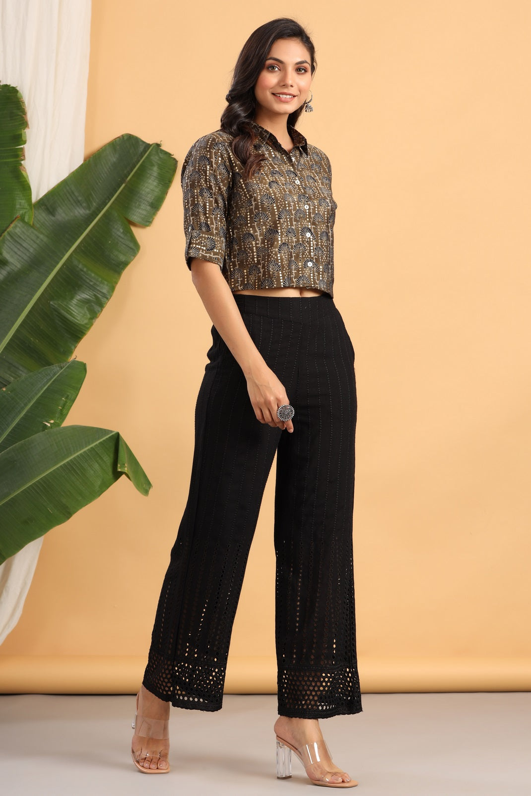 Women`s Olive Chanderi Silk Printed Fitted Blouse