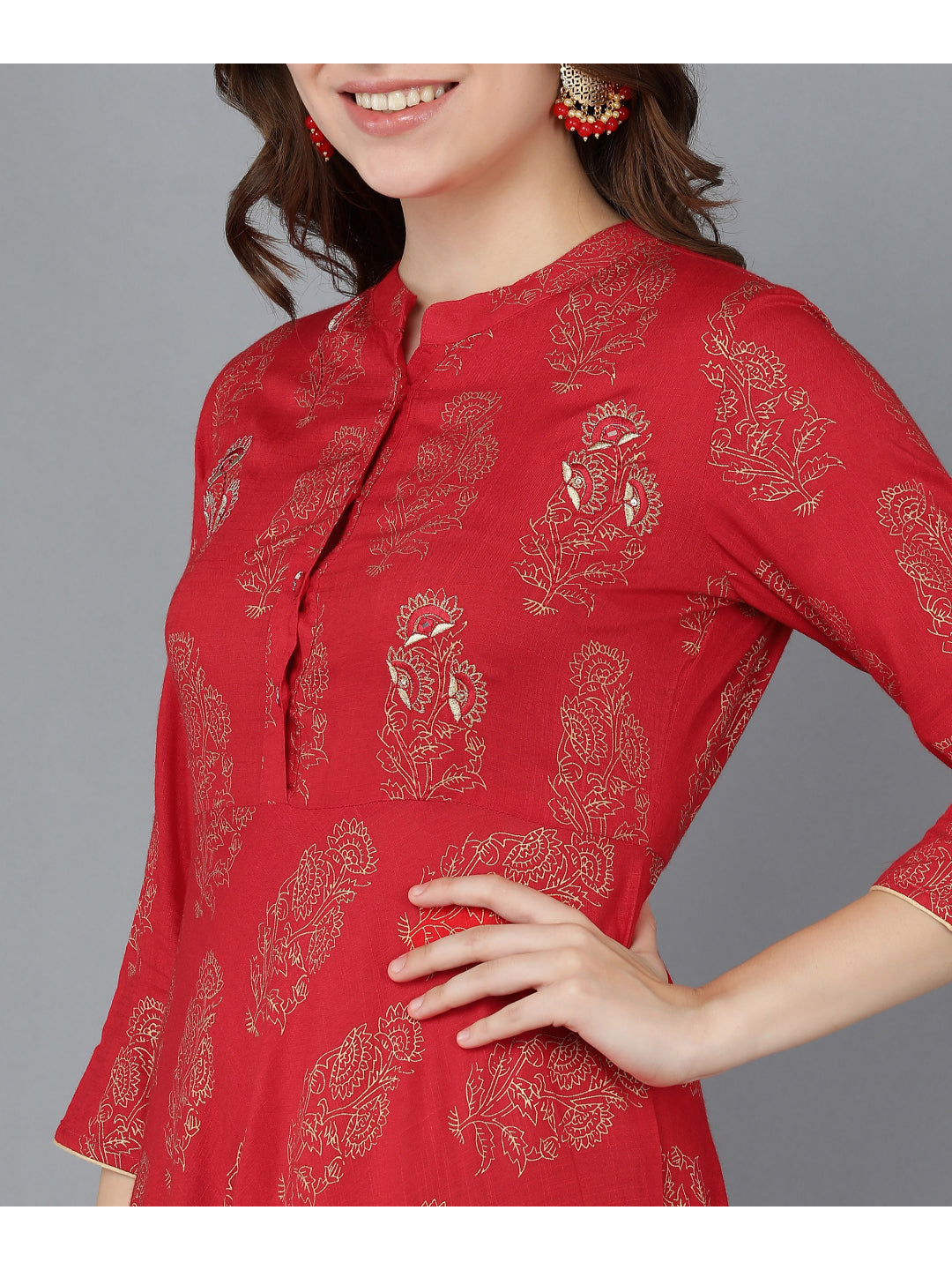 Cotton Gold Print Anarkali Kurta (Red)