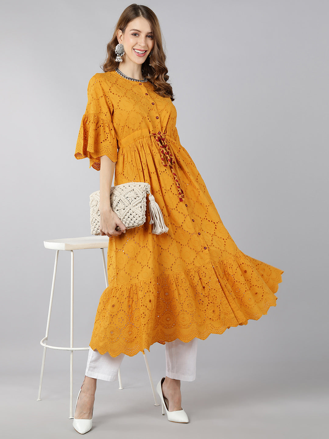Cotton Sifli Schiffli Flared Dress (Mustard) – Trendphoria