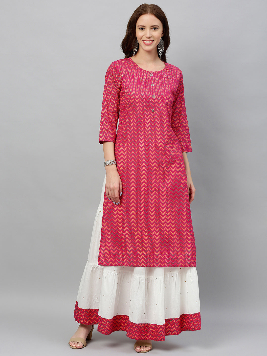 Cotton Chevron Print Straight Kurta Skirt Set