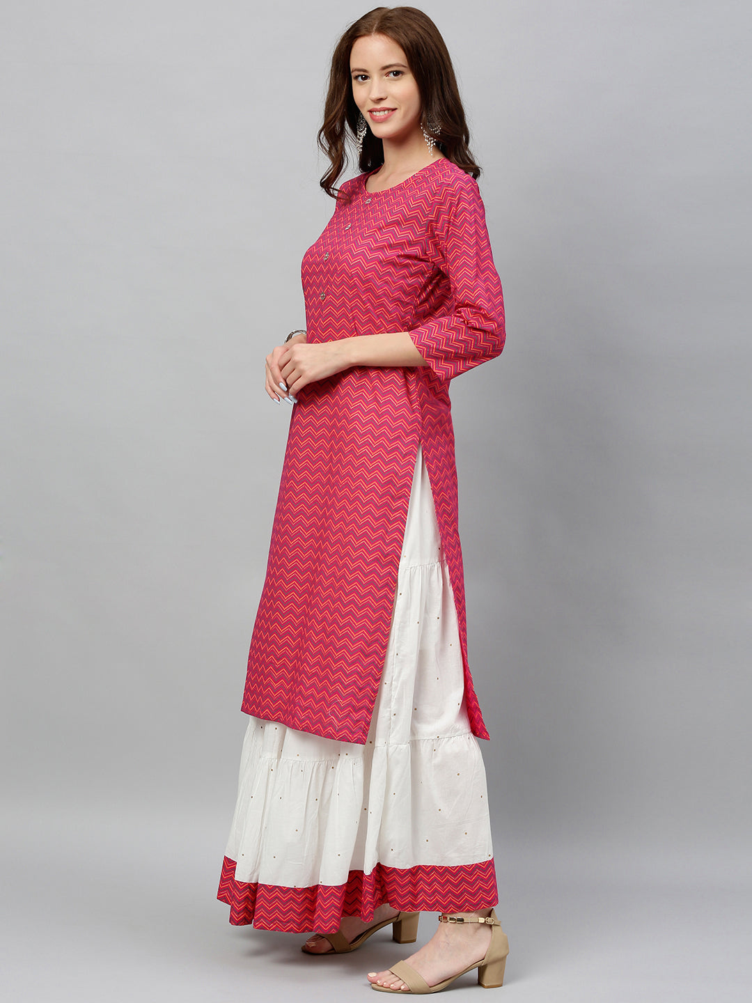 Cotton Chevron Print Straight Kurta Skirt Set