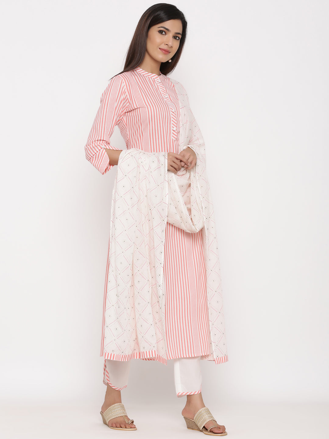 Cotton Stripe Print Straight Kurta Pant Dupatta
