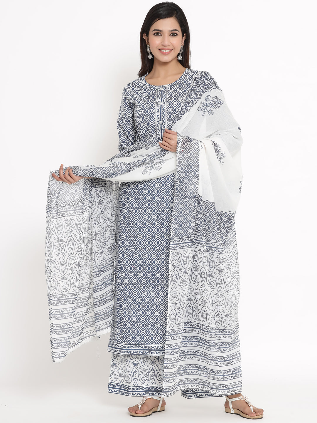 Cotton Printed Straight Kurta Palazzo Dupatta