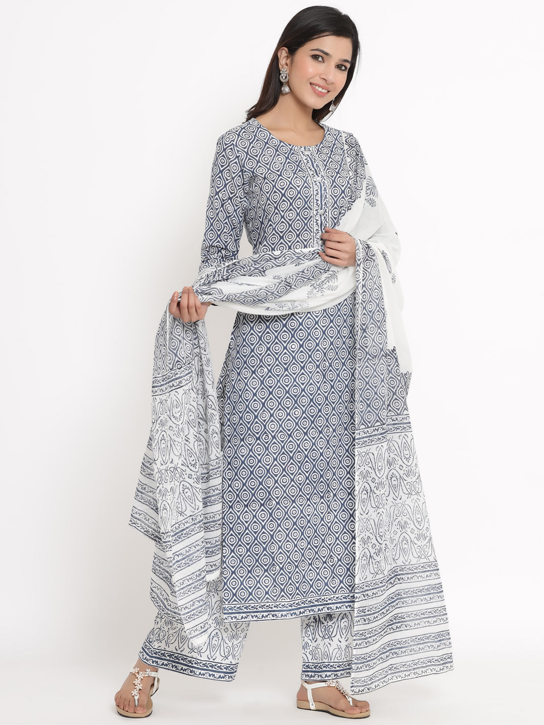 Cotton Printed Straight Kurta Palazzo Dupatta