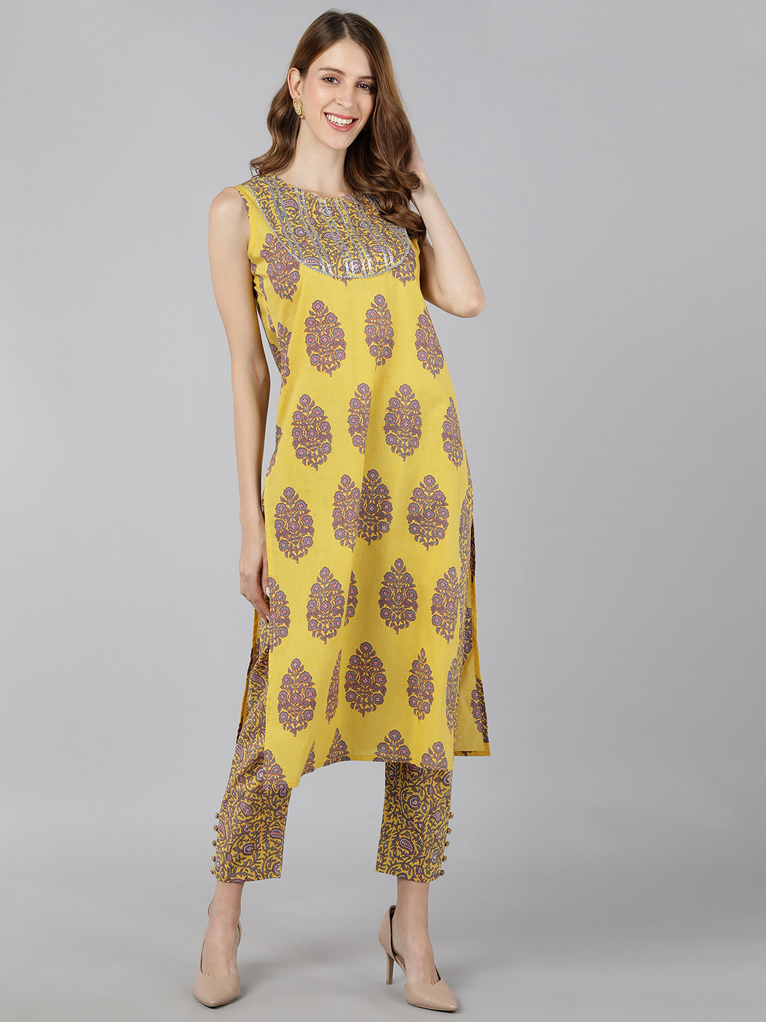 Cotton Block Print Straight Kurta Pant Set (Lemon Yellow)