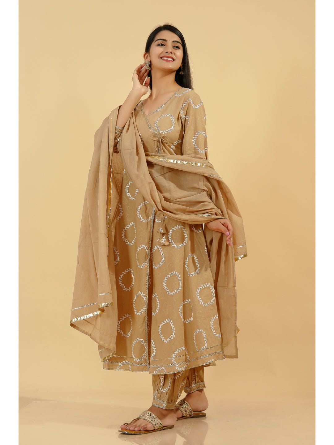 Cotton Bandhni Flared Angrakha Kurta Set (Beige)
