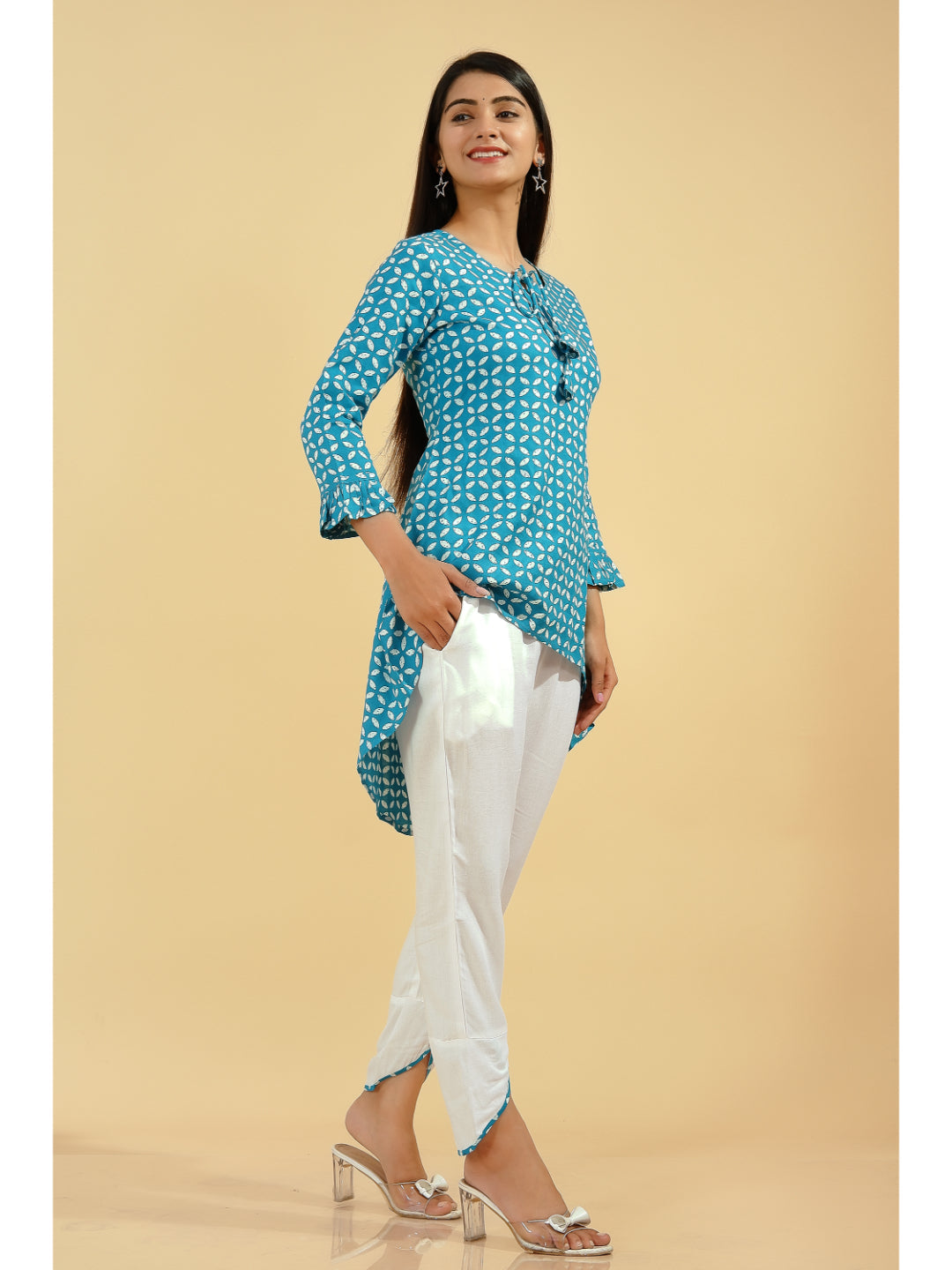 Rayon Printed Up-Down Kurta Set (Sky Blue)