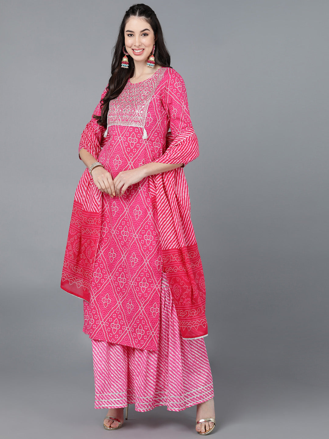 Cotton Lehriya Print Straight Kurta Set (Pink)