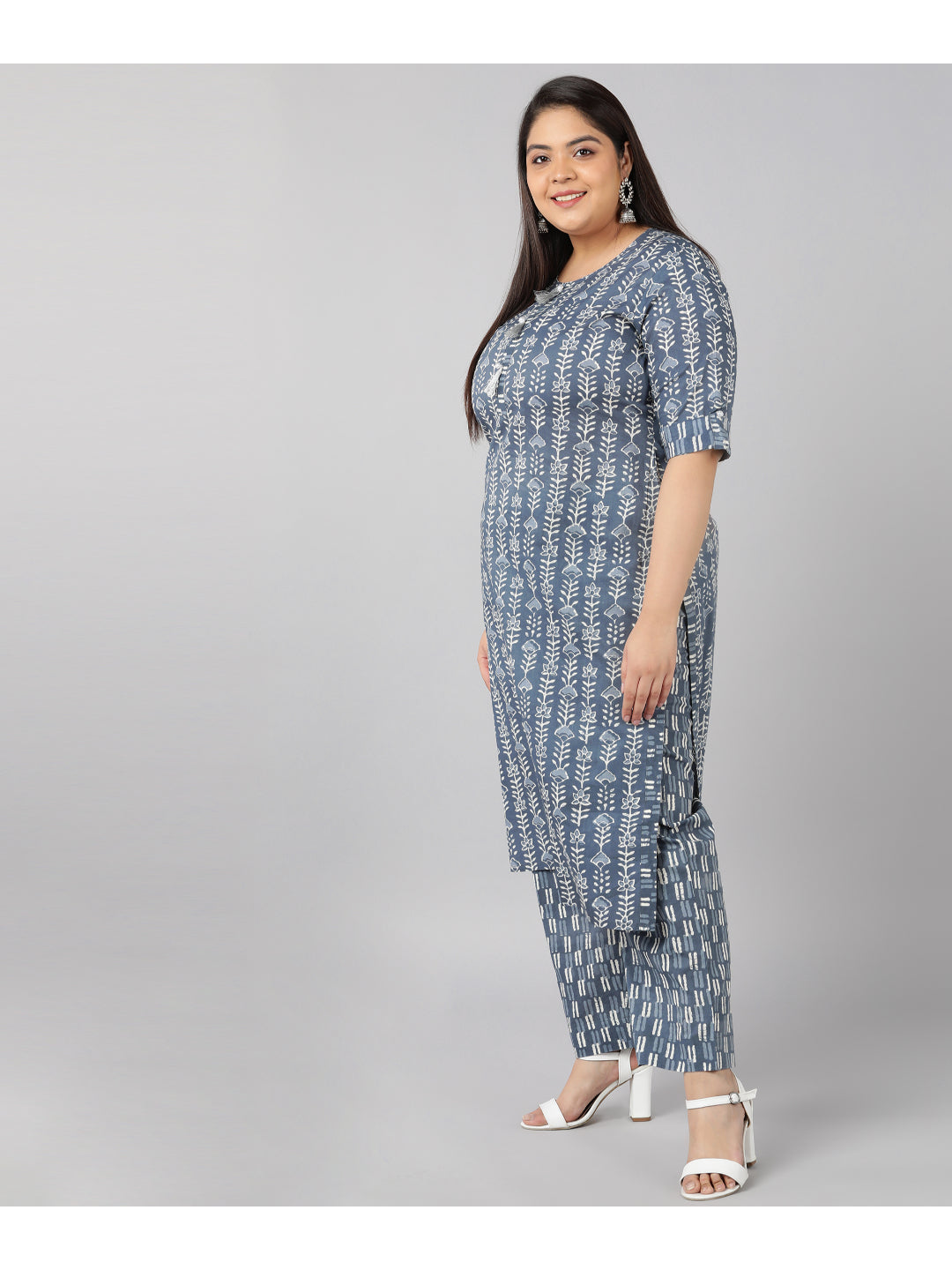 Cotton Printed Straight Kurta Set (Grey)