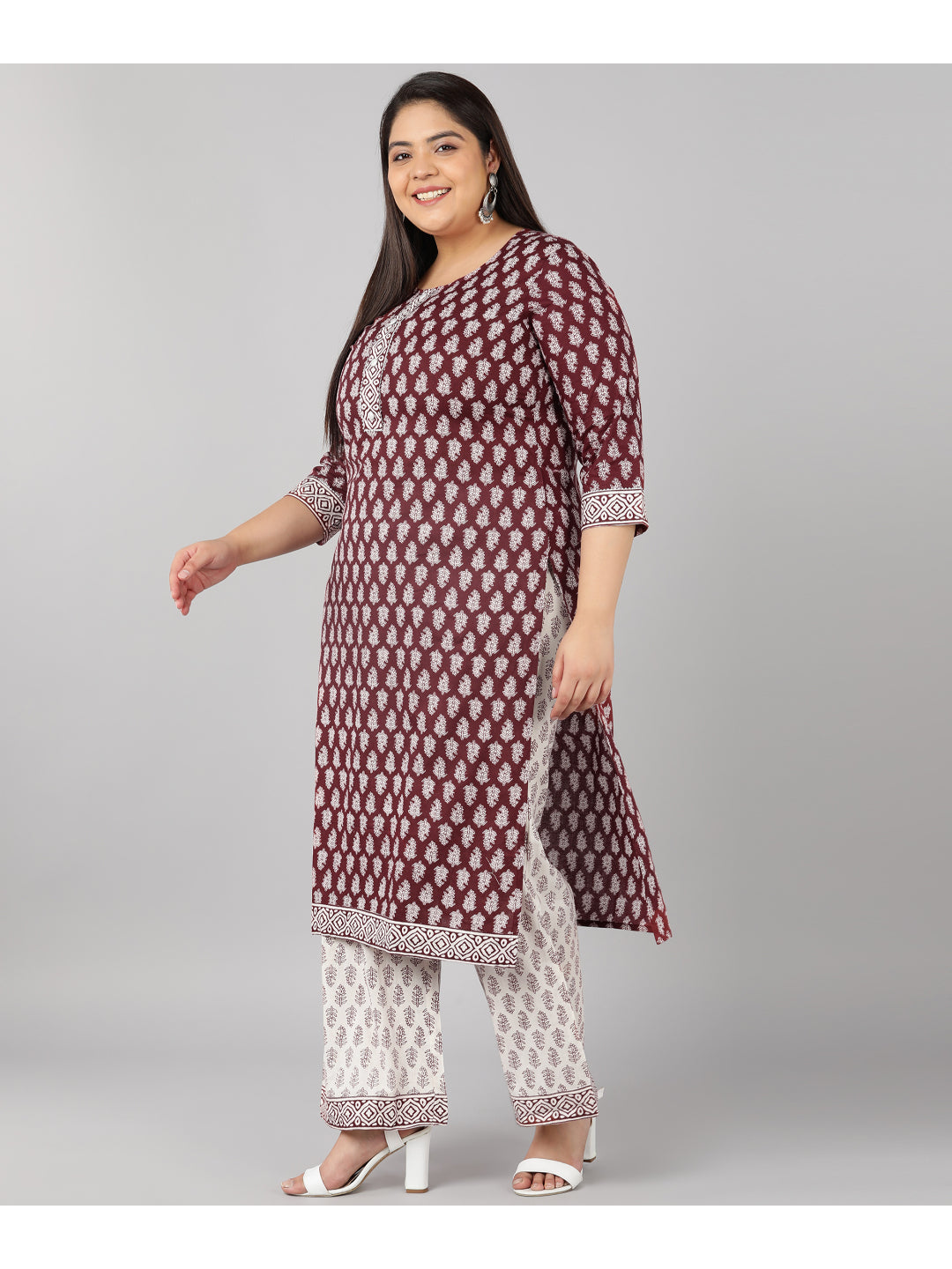 Cotton Printed Flared Kurta Set (Maroon)