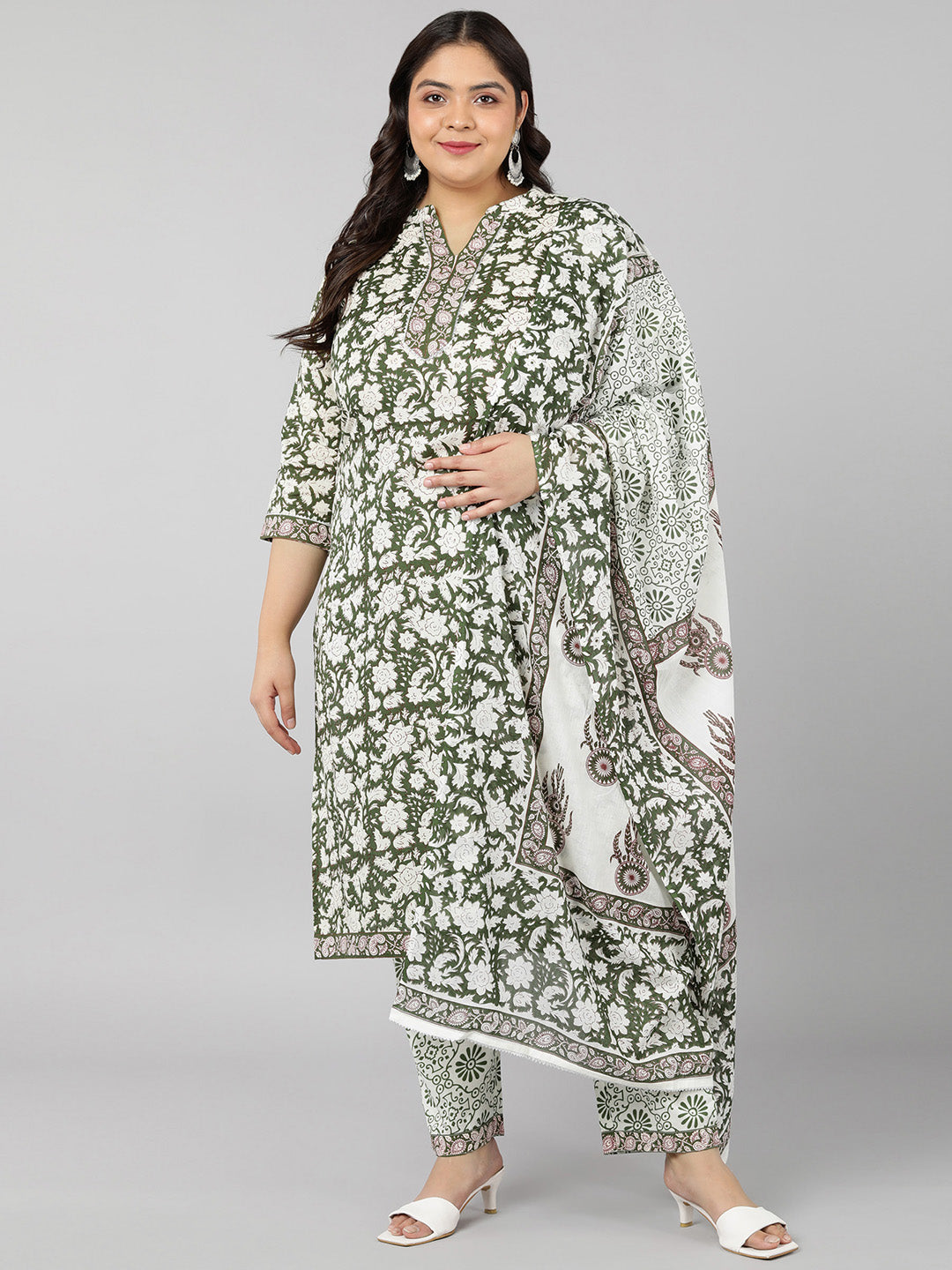 Cotton Printed Straight Kurta Set (Green)