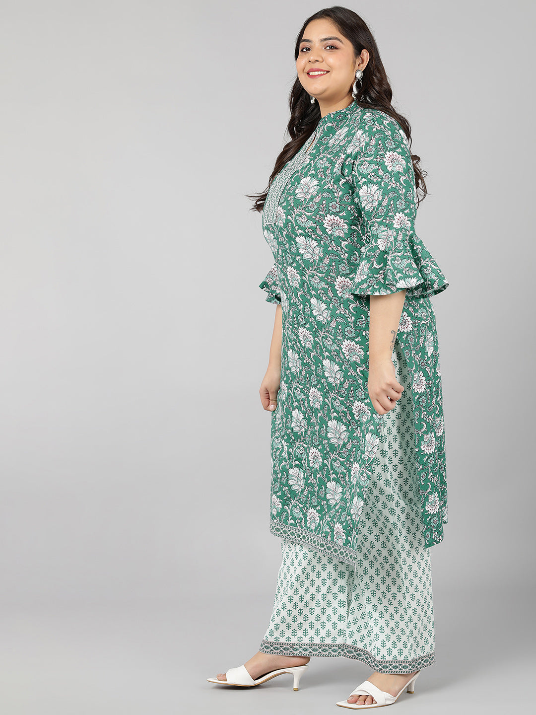 Cotton Printed Flared Kurta Set (Green)