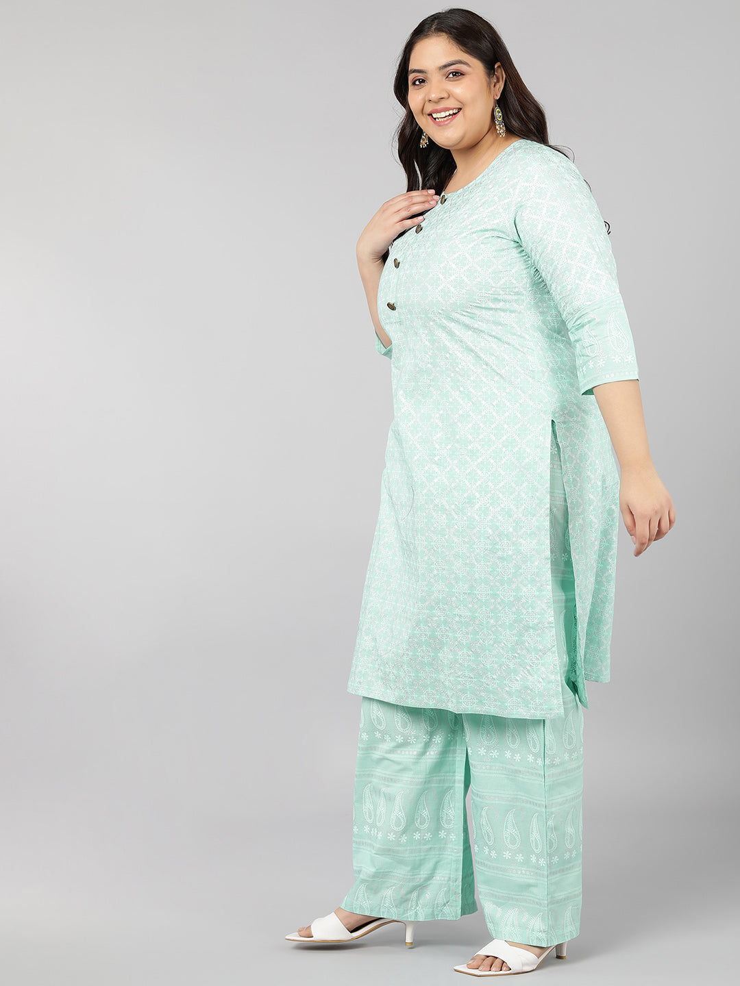 Cotton Printed Straight Kurta Set (Sky Blue)