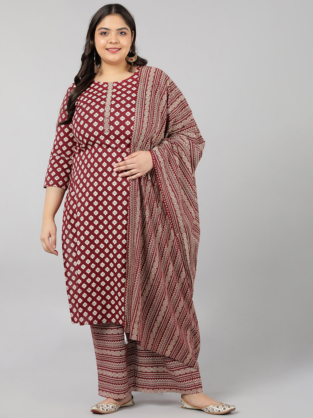 Cotton Block Print Straight Kurta Set (Maroon)