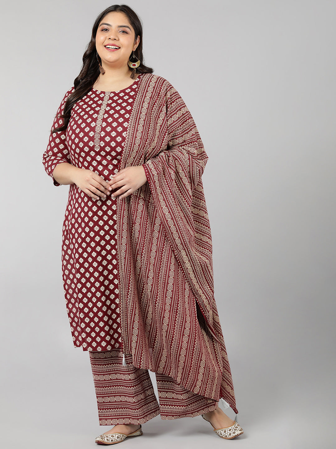 Cotton Block Print Straight Kurta Set (Maroon)