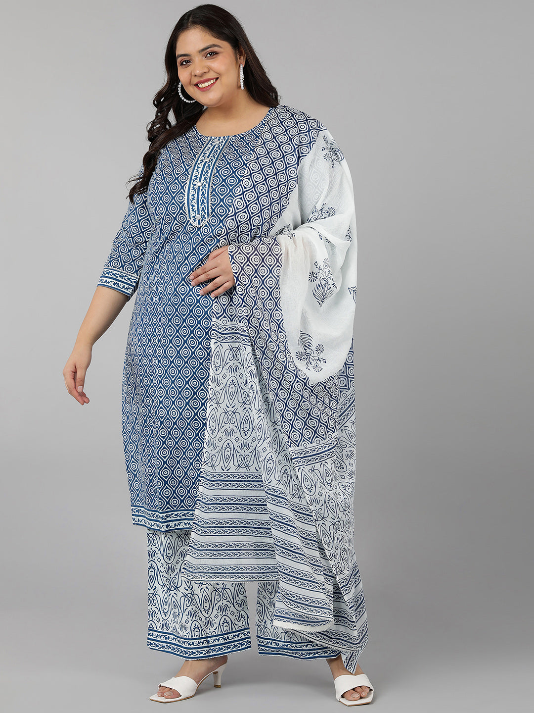 Cotton Printed Straight Kurta Set (Blue)