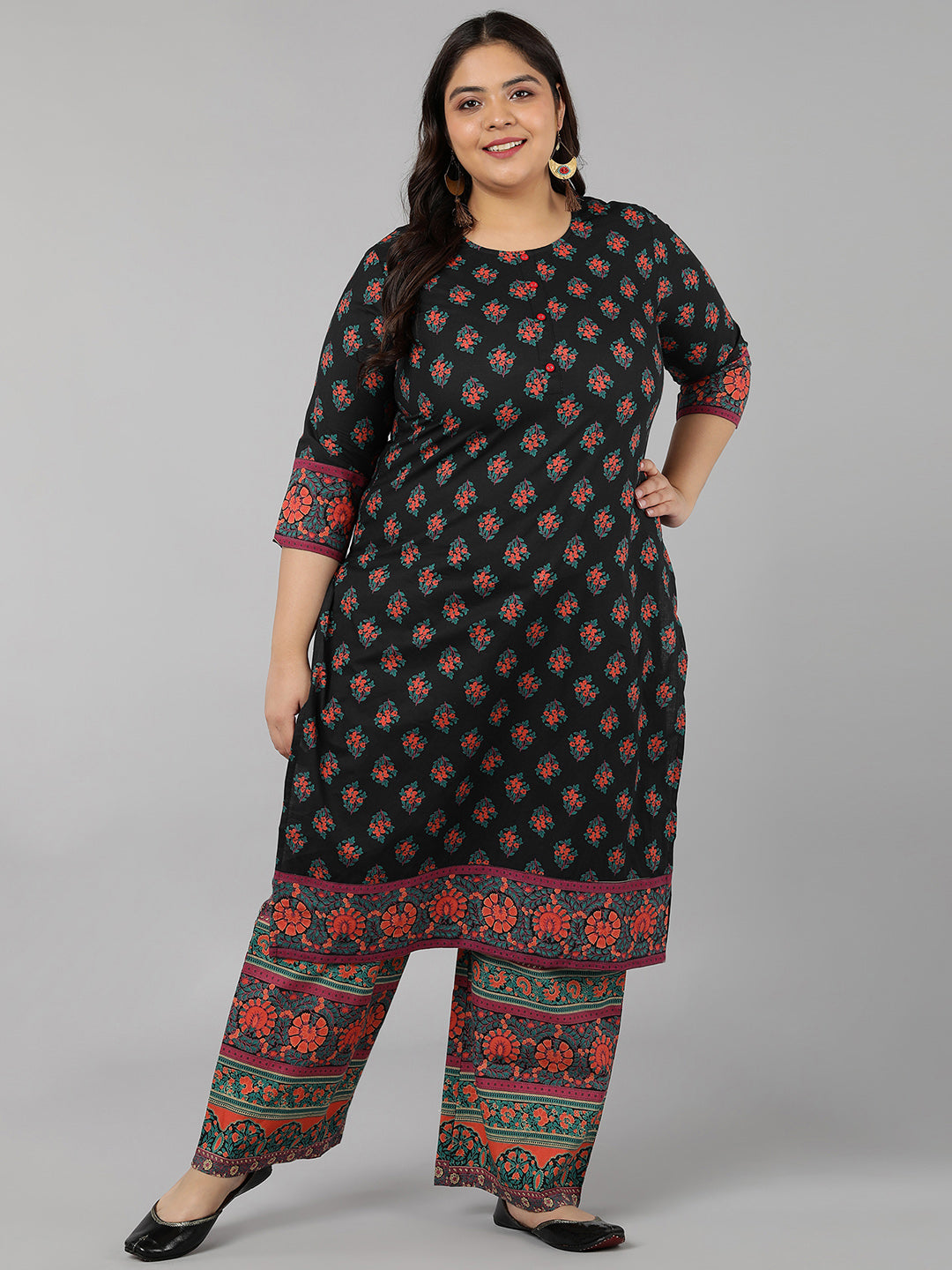 Cotton Block Print Straight Kurta Set (Black)