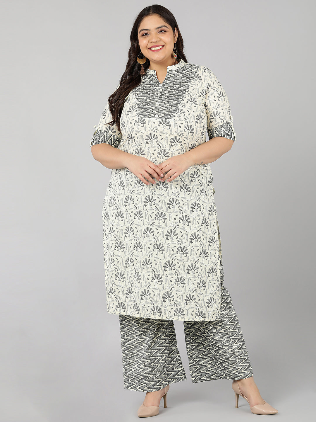 Cotton Printed Straight Kurta Set (Cream)