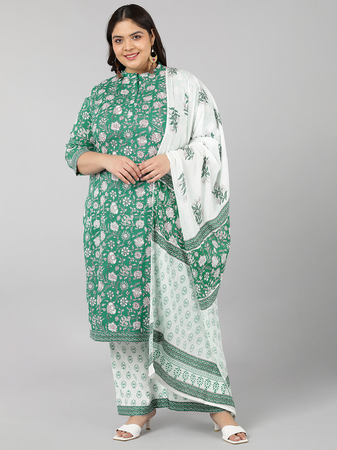 Cotton Floral Print Straight Kurta Set (Green)