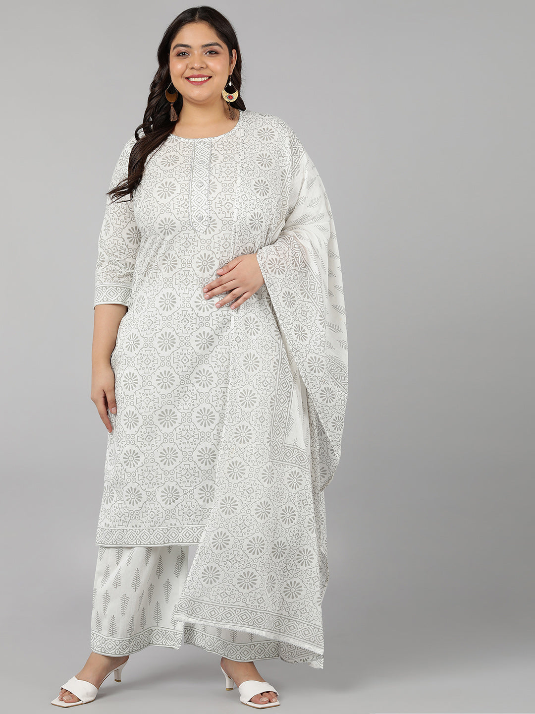 Cotton Printed Straight Kurta Set (White)