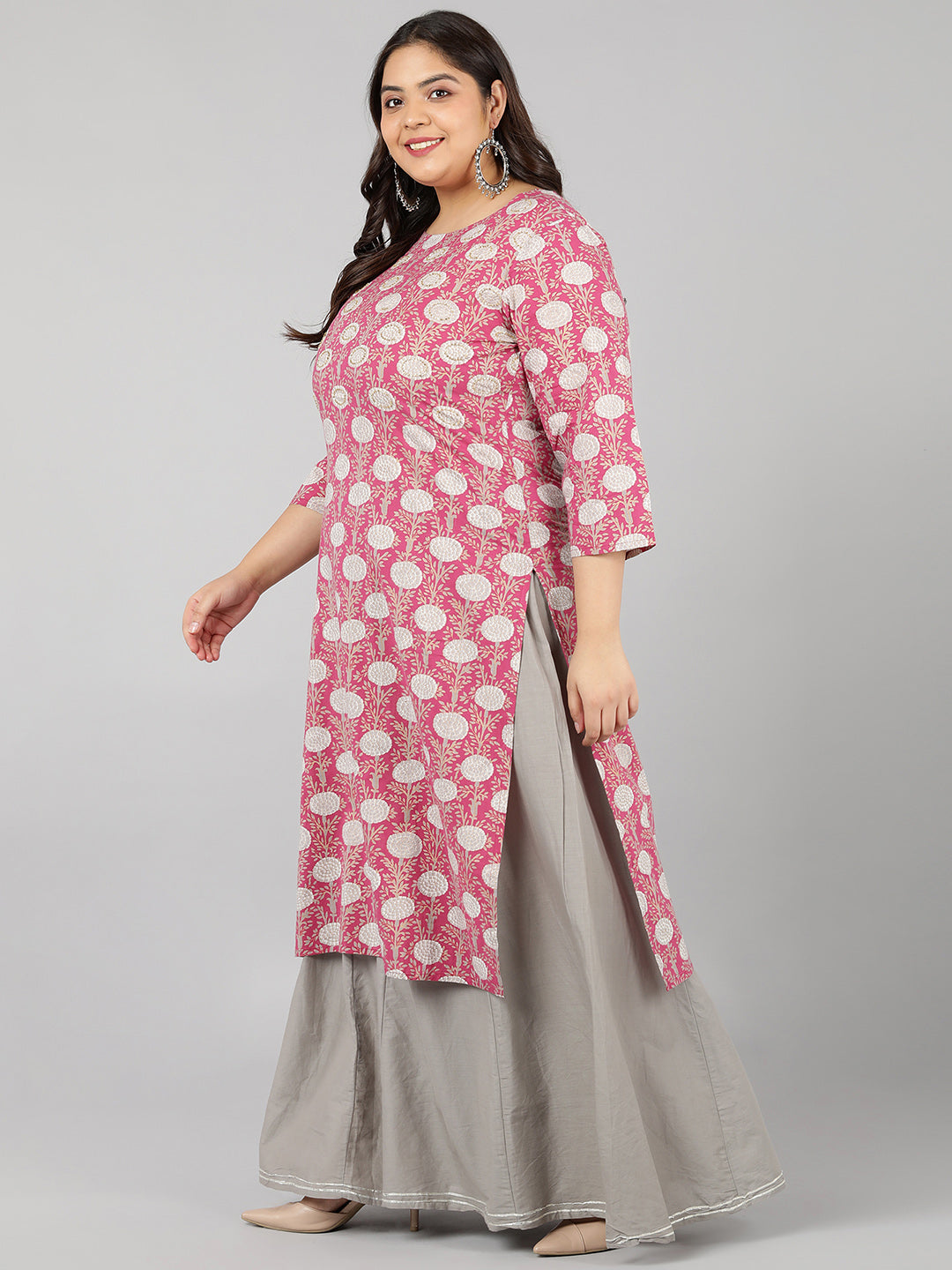 Cotton Printed Regular Kurta Set (Grey & Pink)