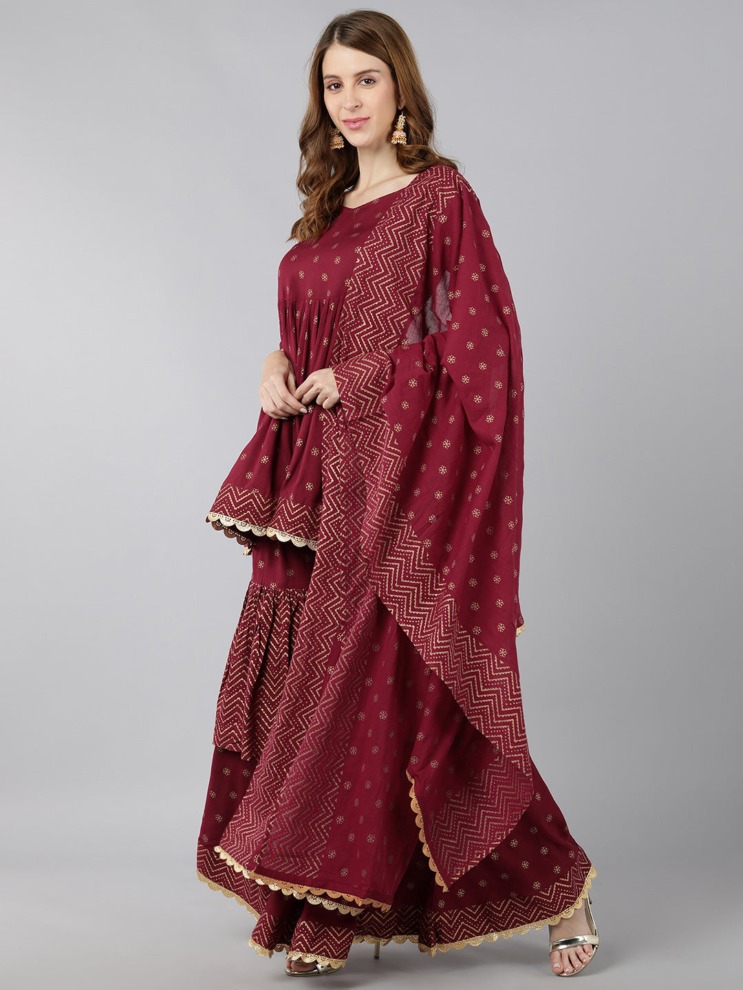 Rayon Gold Print Flared Ethnic Set (Maroon)