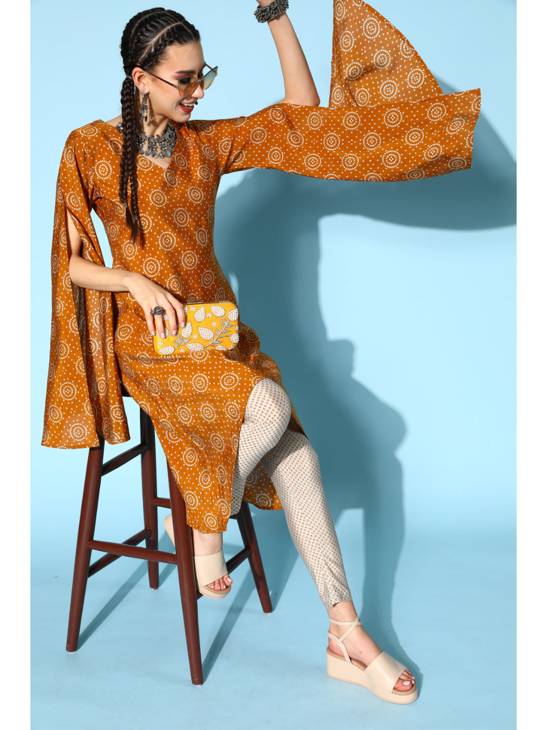 Modal Silk Printed Asymmetric Kurta Set (Brown)