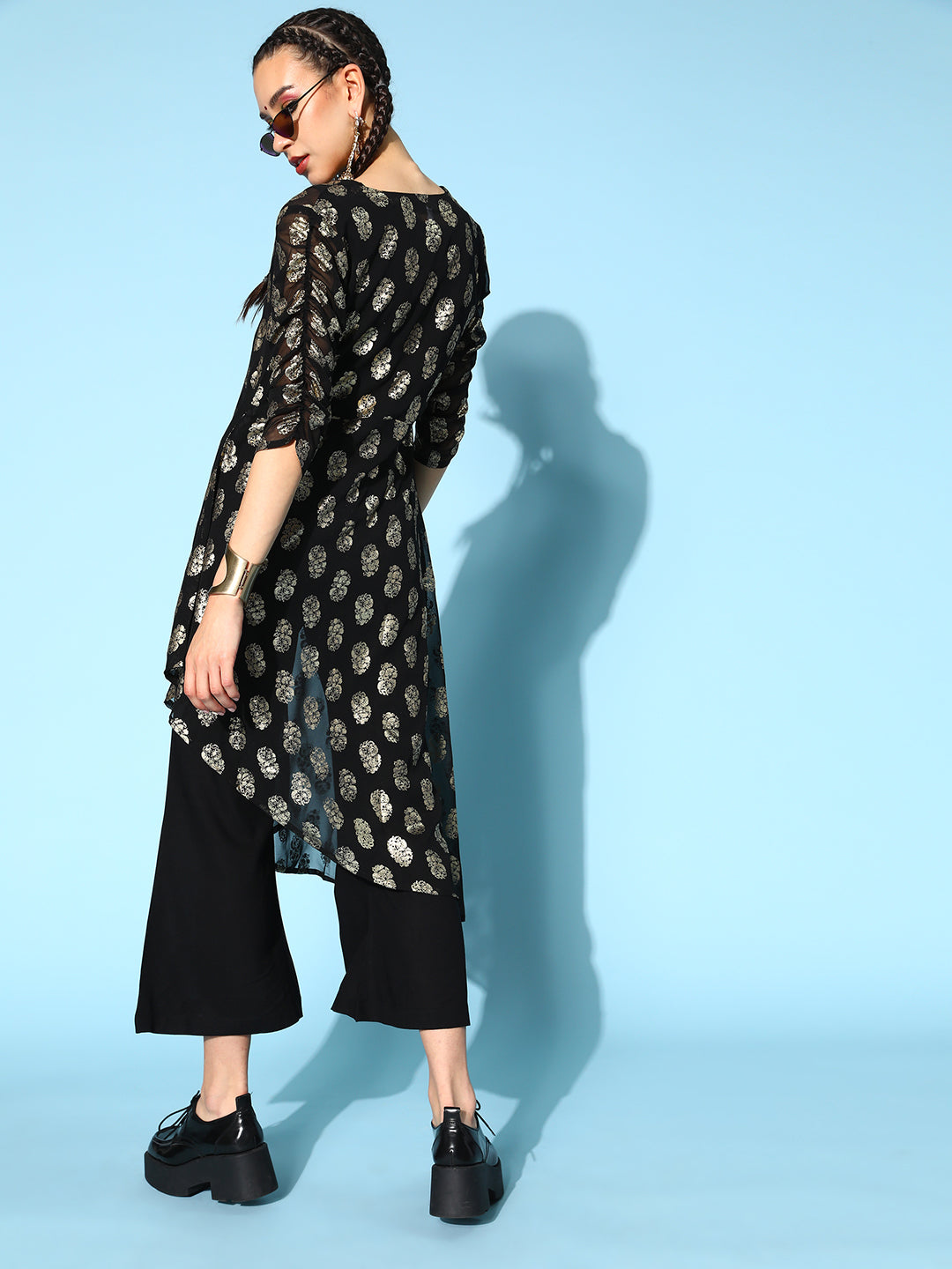 Georgette Rayon Block Print Asymmetric Ethnic Set (Black)
