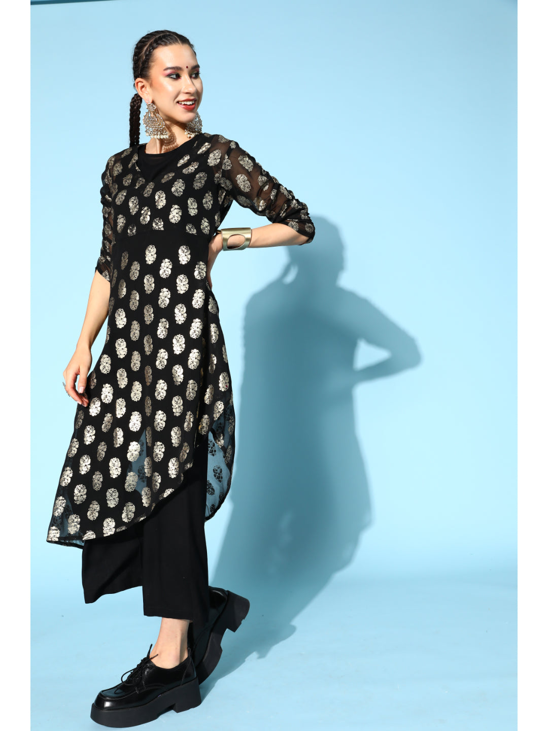 Georgette Rayon Block Print Asymmetric Ethnic Set (Black)