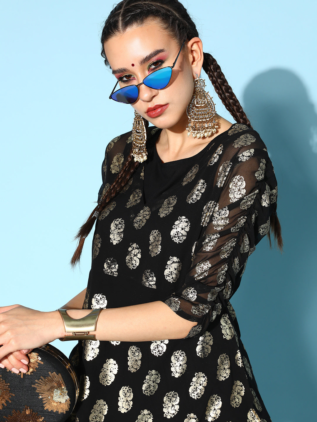 Georgette Rayon Block Print Asymmetric Ethnic Set (Black)