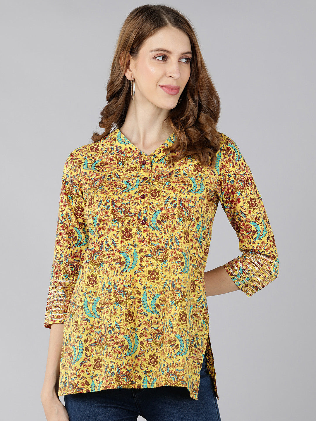 Cotton Floral Print Straight Top (Yellow)