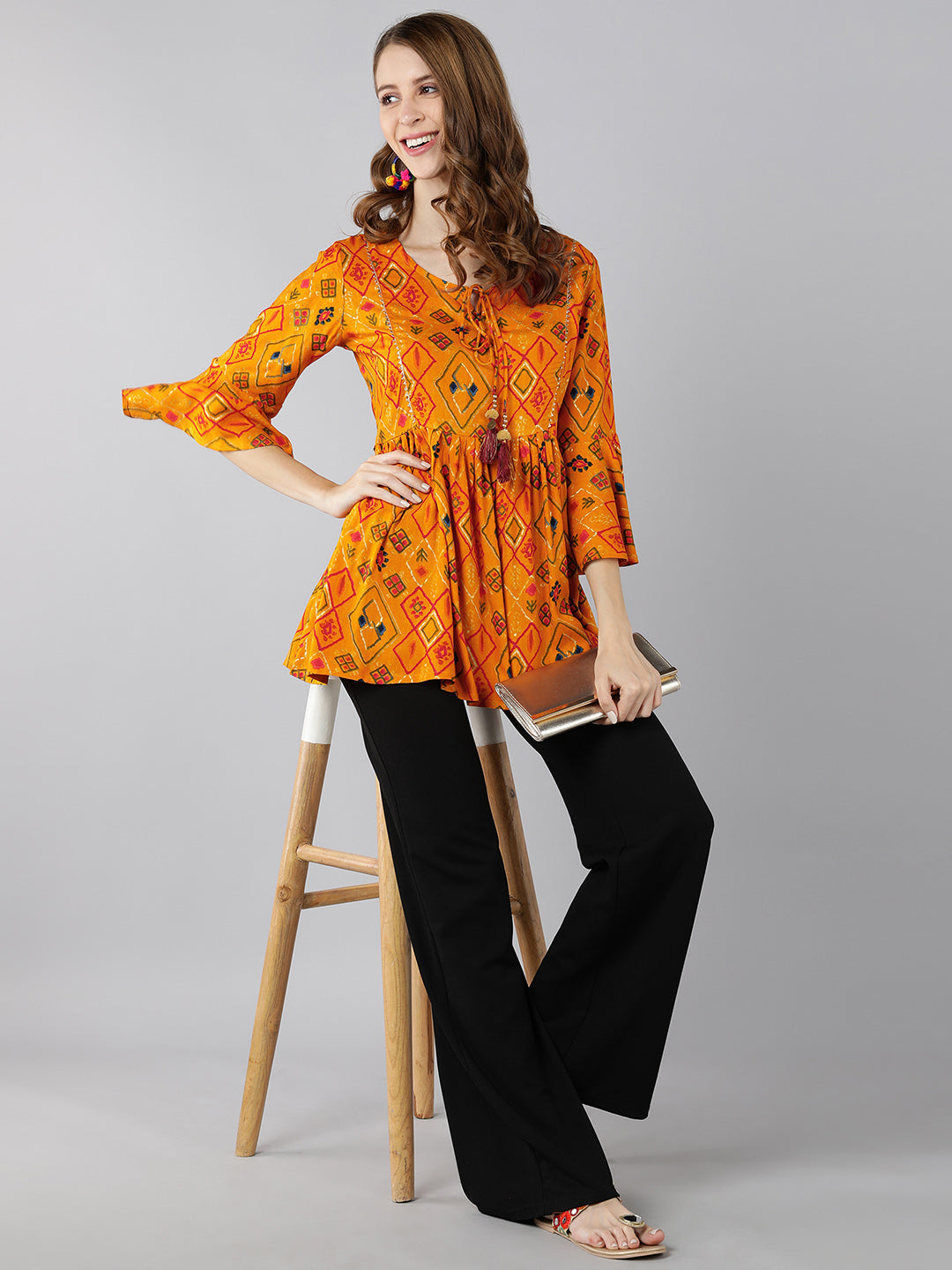 Peplum Top Short Frocks With Bell Bottom Rayon Printed Peplum Top